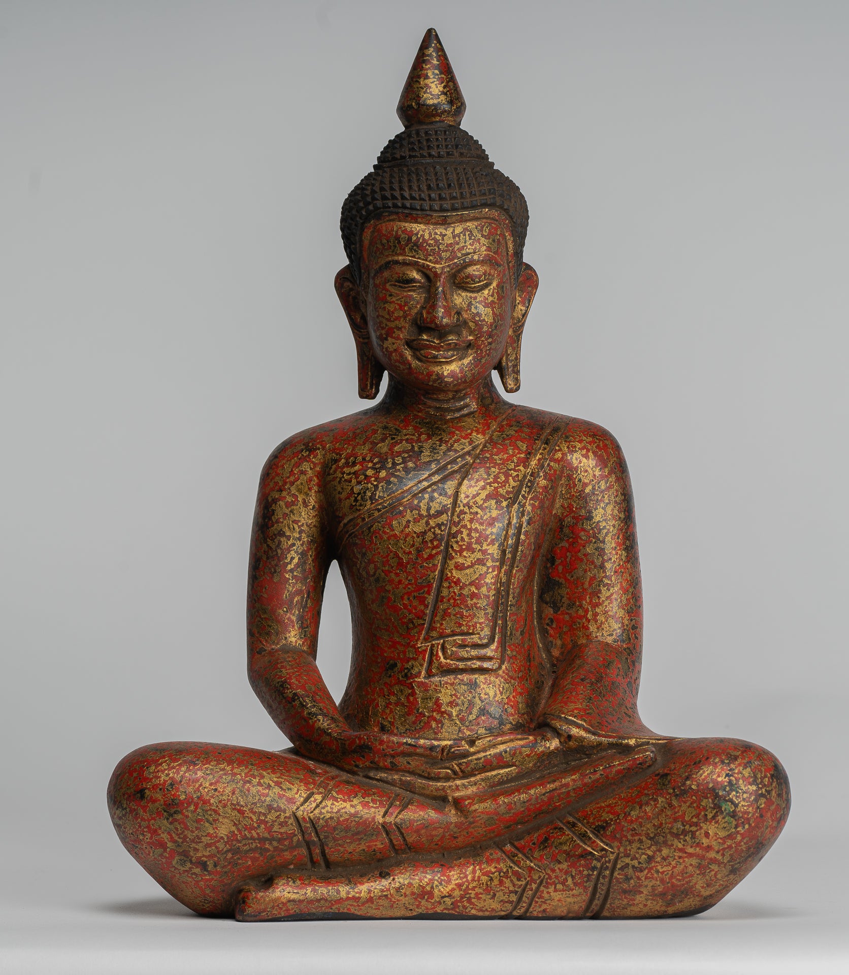 Buddha Sculpture - Antique Khmer Style Wood Seated Buddha Statue Dhyana Meditation Mudra - 32cm/13"