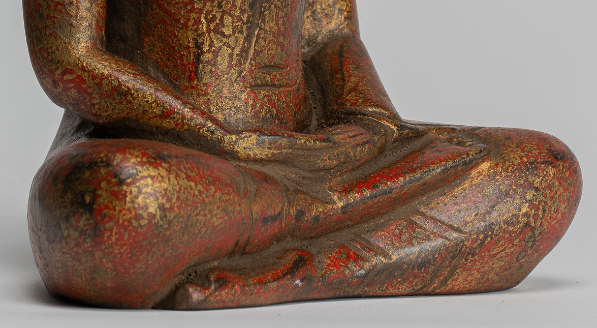 Buddha Sculpture - Antique Khmer Style Wood Seated Buddha Statue Dhyana Meditation Mudra - 20cm/8"