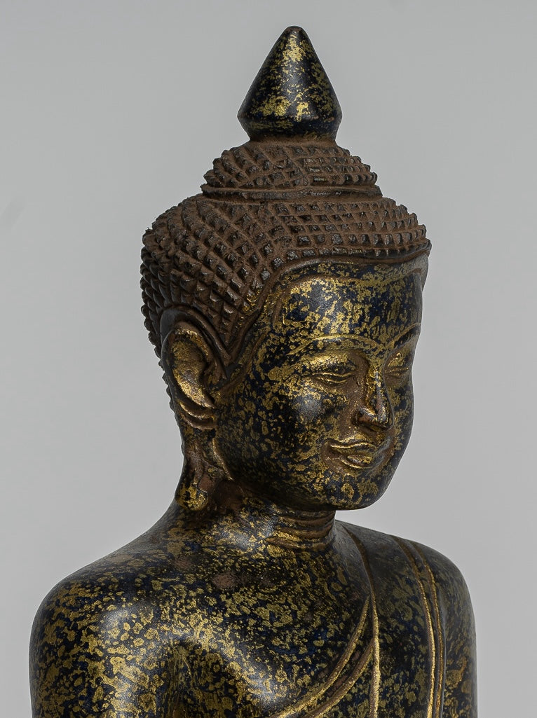 Buddha Statue - Antique Khmer Style SE Asia Seated Wood Enlightenment Buddha Statue - 27cm/11"