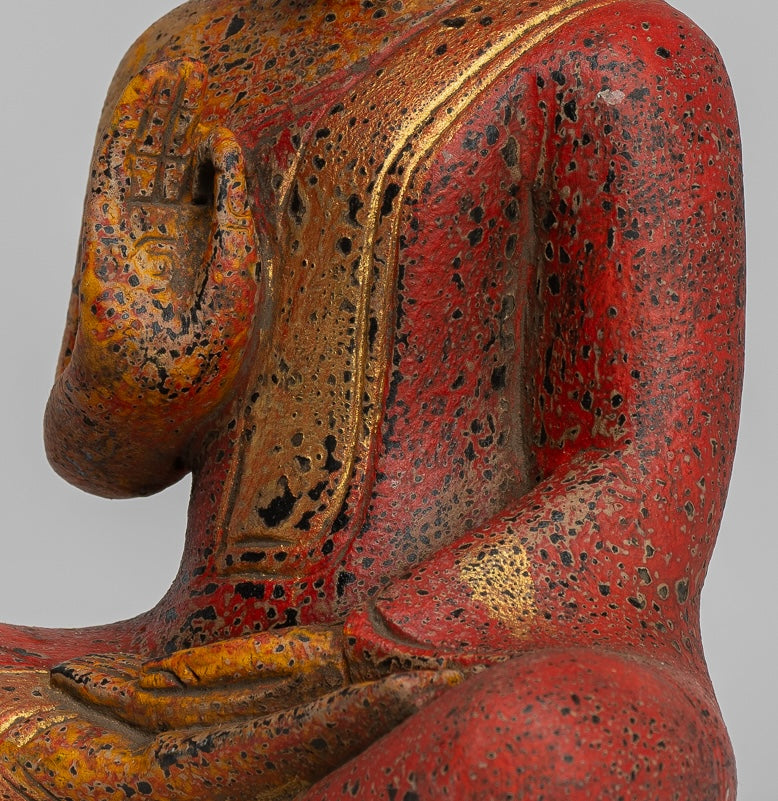 Buddha Statue - Antique Khmer Style Cambodia Seated Wood Buddha Statue Teaching Mudra - 27cm/11"