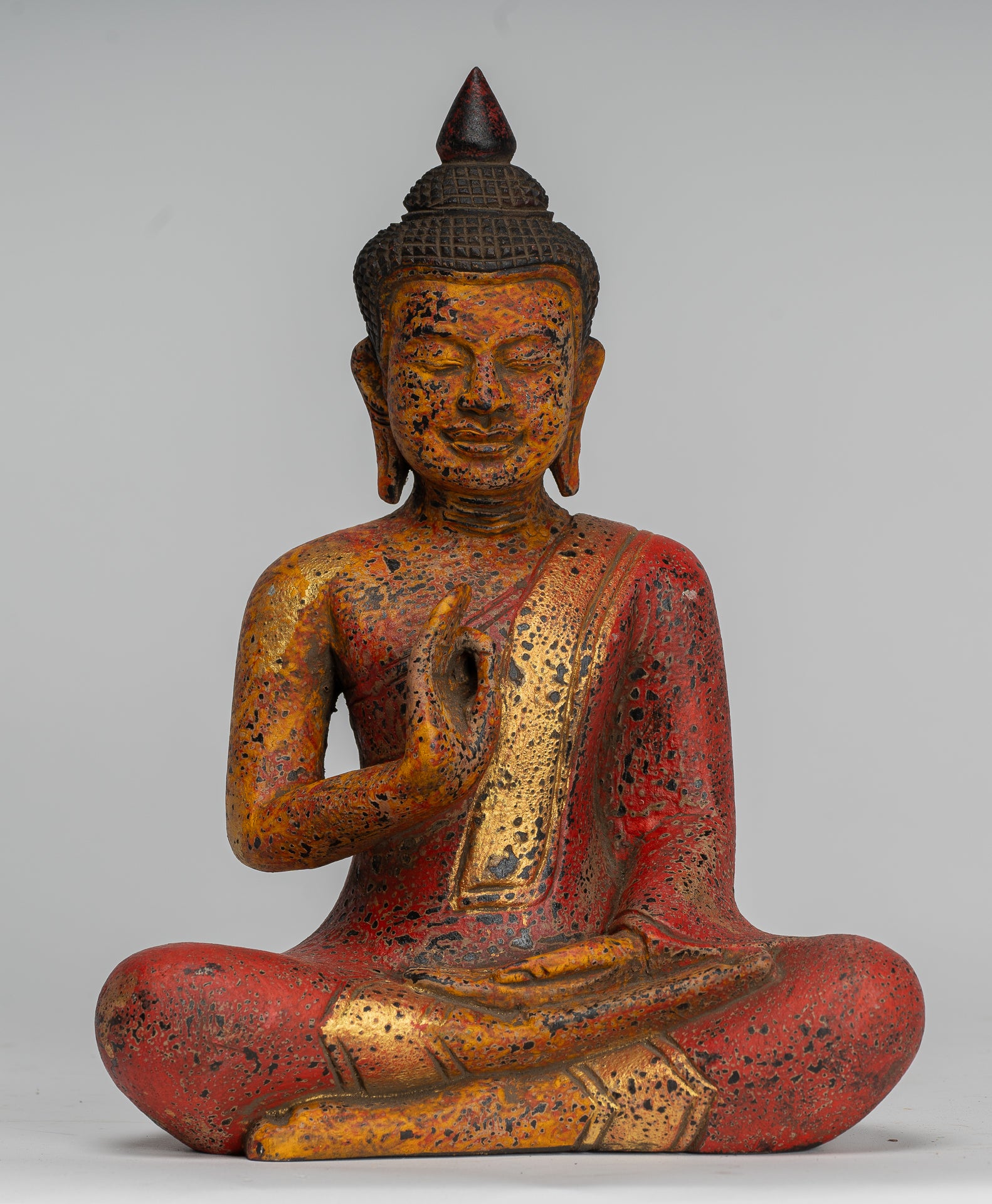 Buddha Statue - Antique Khmer Style Cambodia Seated Wood Buddha Statue Teaching Mudra - 27cm/11"