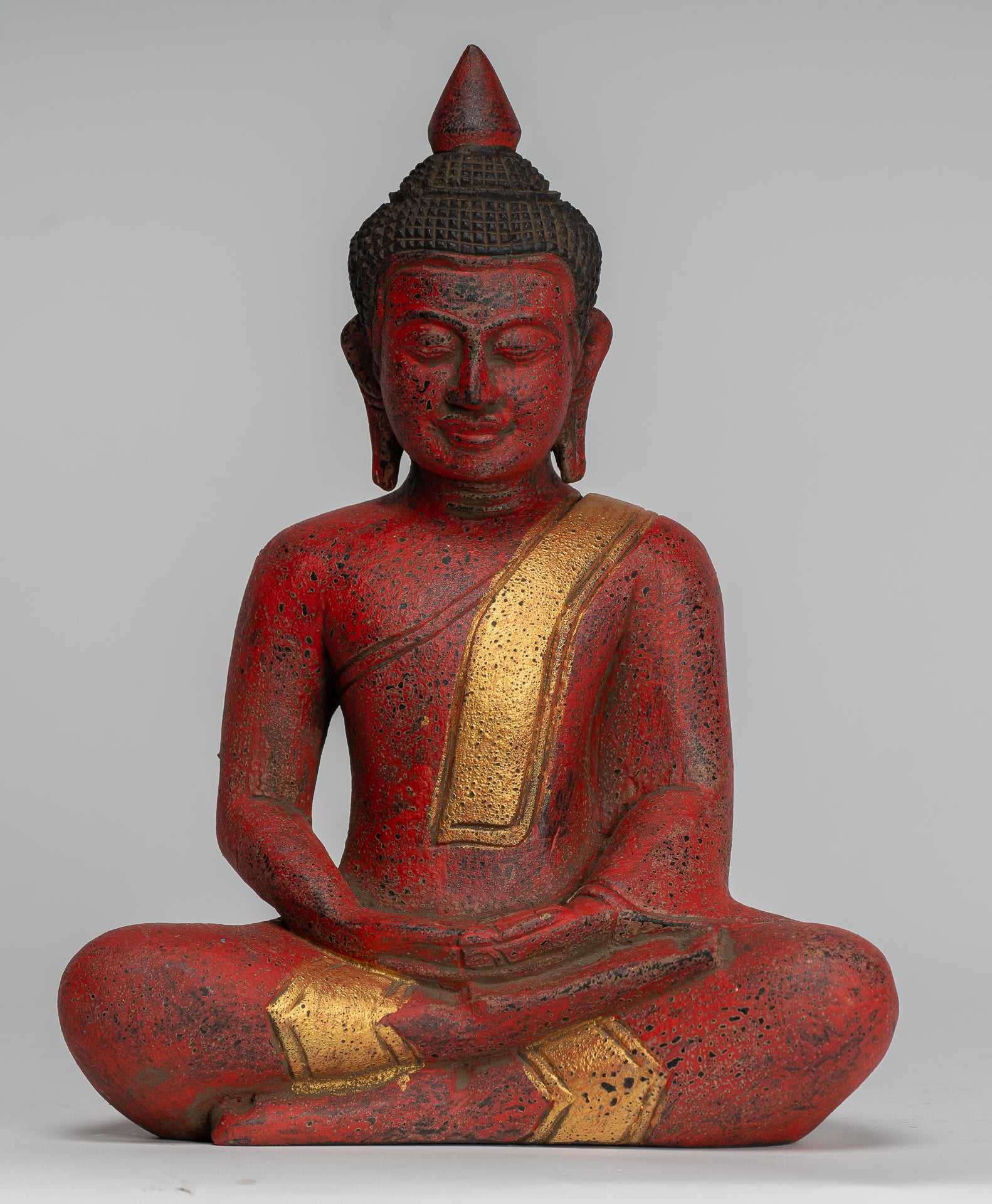Buddha Sculpture - Antique Khmer Style Wood Seated Buddha Statue Dhyana Meditation Mudra - 27cm/11"
