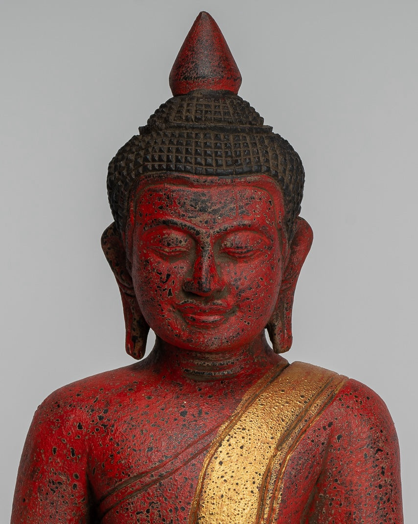 Buddha Sculpture - Antique Khmer Style Wood Seated Buddha Statue Dhyana Meditation Mudra - 27cm/11"