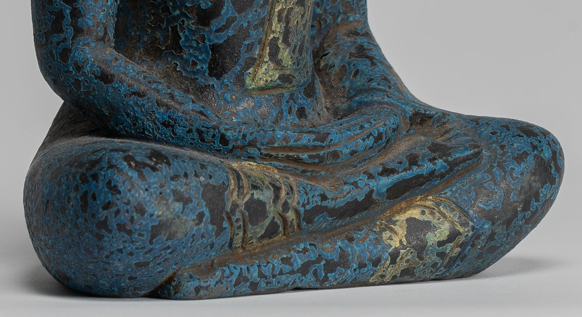 Bouddha Sculpture - Antique Khmer Style Wood Asered Bouddha Statue Dhyana Meditation Mudra - 22cm / 9 "