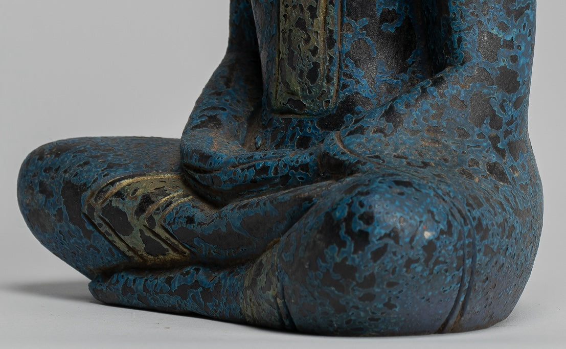 Bouddha Sculpture - Antique Khmer Style Wood Asered Bouddha Statue Dhyana Meditation Mudra - 22cm / 9 "