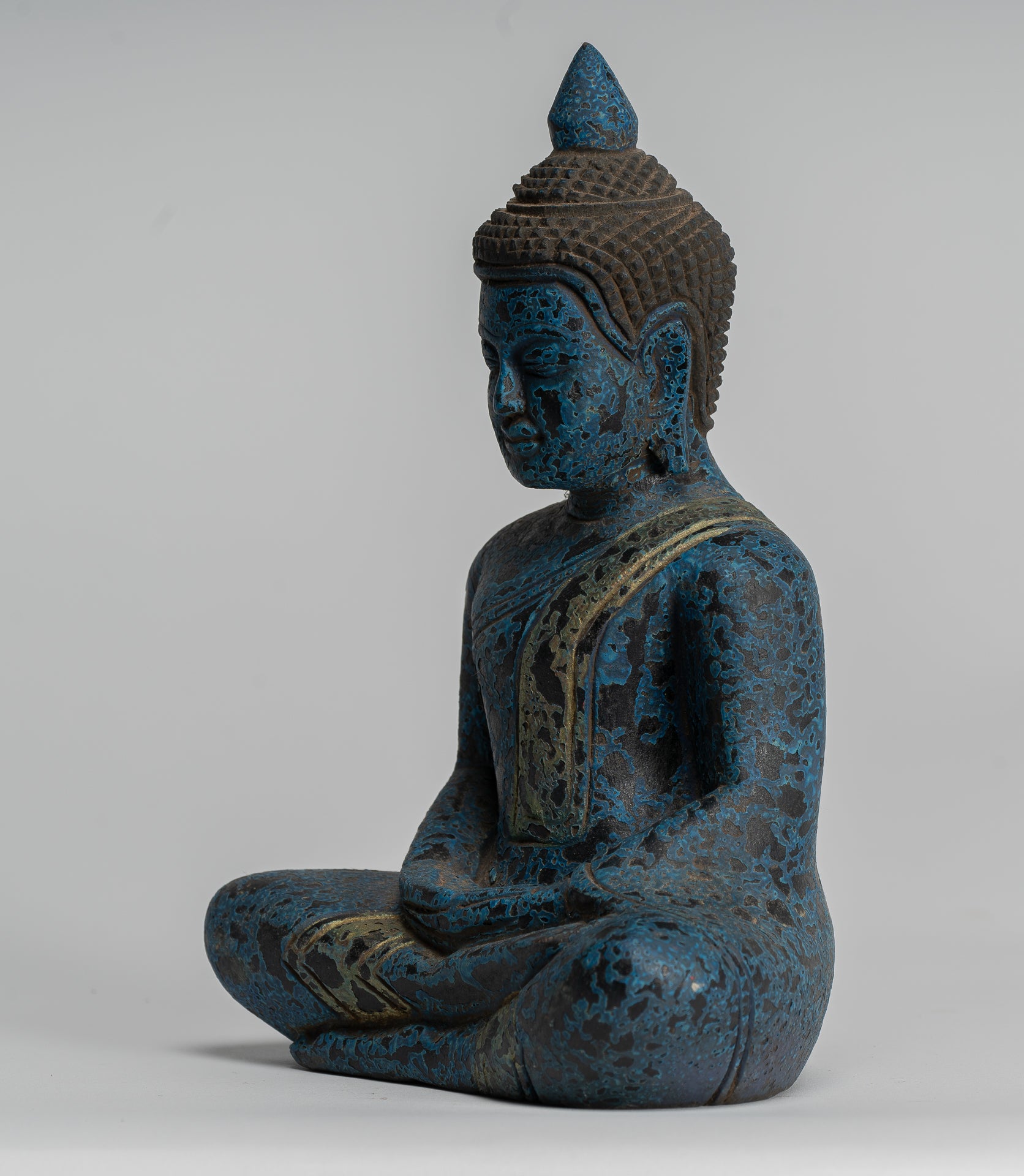 Bouddha Sculpture - Antique Khmer Style Wood Asered Bouddha Statue Dhyana Meditation Mudra - 22cm / 9 "