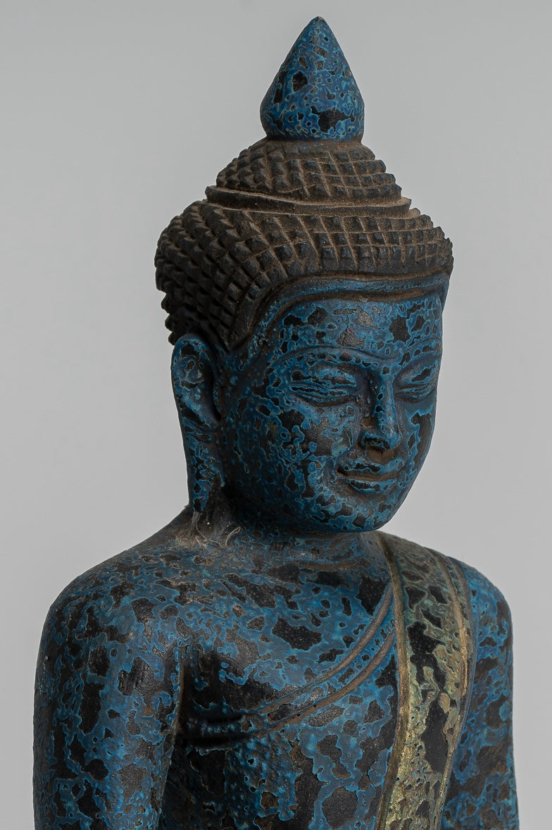 Bouddha Sculpture - Antique Khmer Style Wood Asered Bouddha Statue Dhyana Meditation Mudra - 22cm / 9 "
