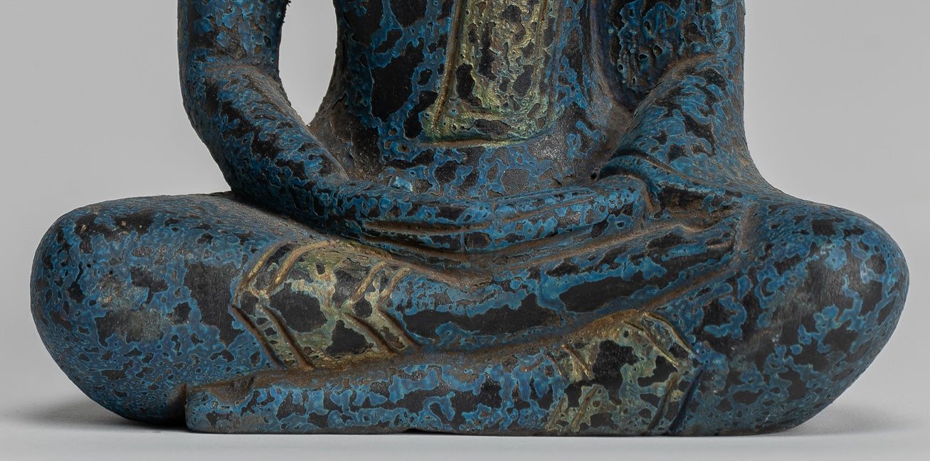 Bouddha Sculpture - Antique Khmer Style Wood Asered Bouddha Statue Dhyana Meditation Mudra - 22cm / 9 "