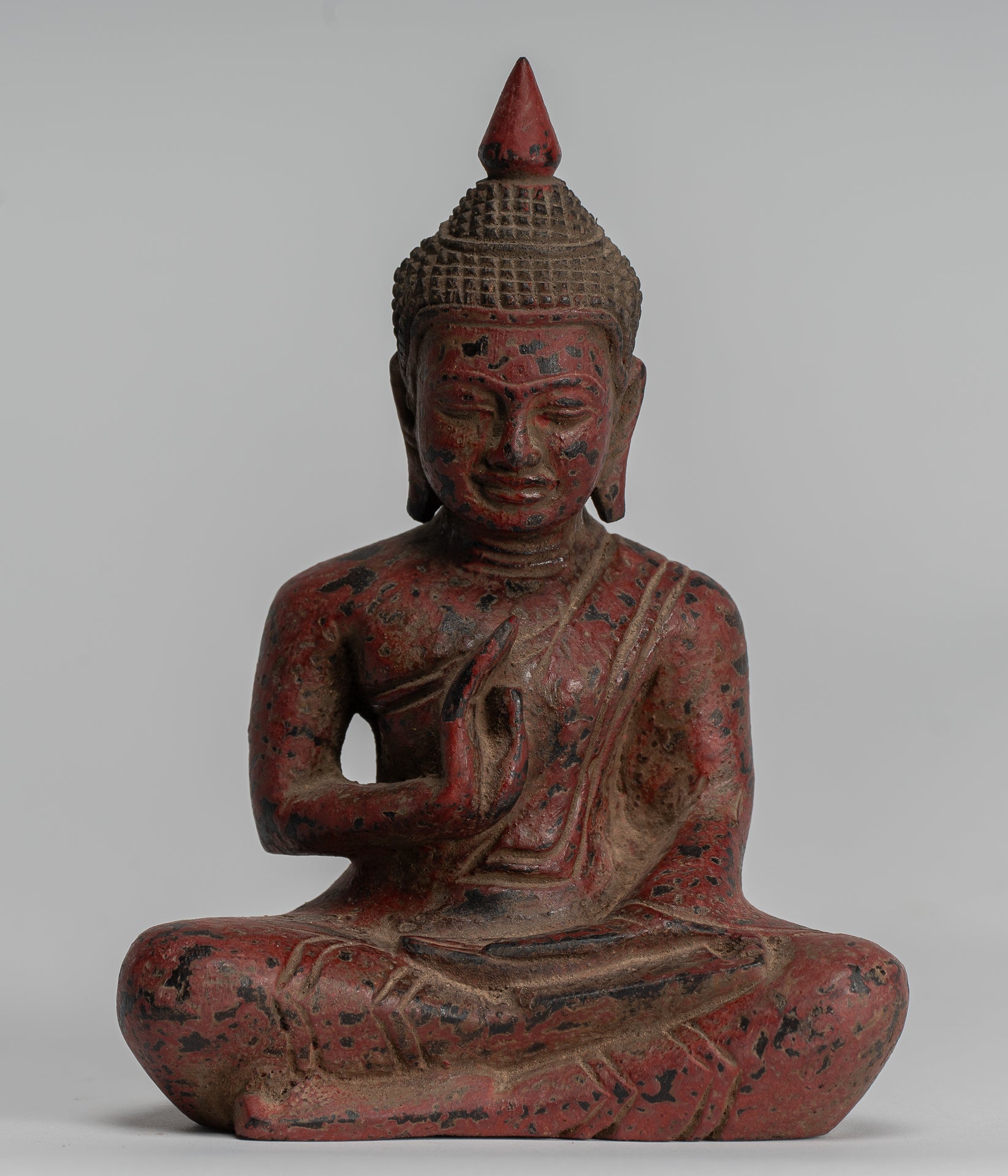 Buddha Sculpture - Buddha - Antique Khmer Style Seated Wood Buddha Statue Teaching Mudra - 17cm/7"