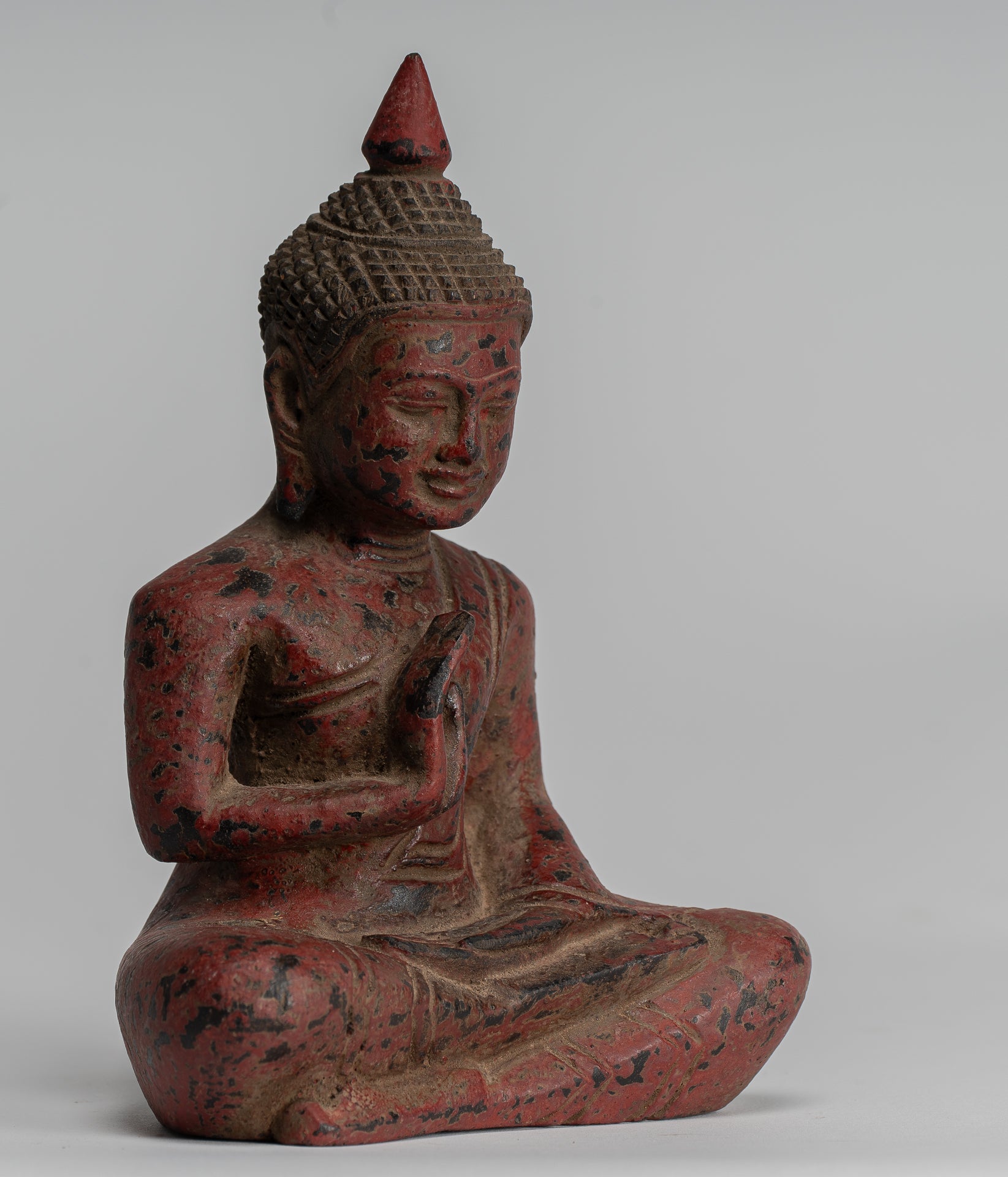 Buddha Sculpture - Buddha - Antique Khmer Style Seated Wood Buddha Statue Teaching Mudra - 17cm/7"