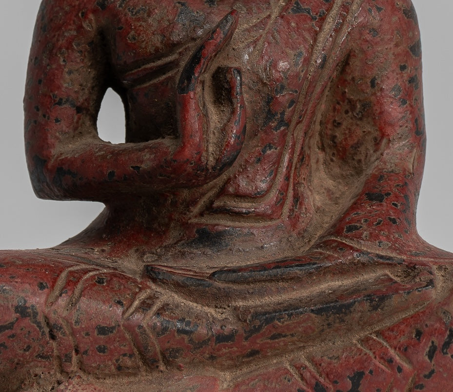 Buddha Sculpture - Buddha - Antique Khmer Style Seated Wood Buddha Statue Teaching Mudra - 17cm/7"