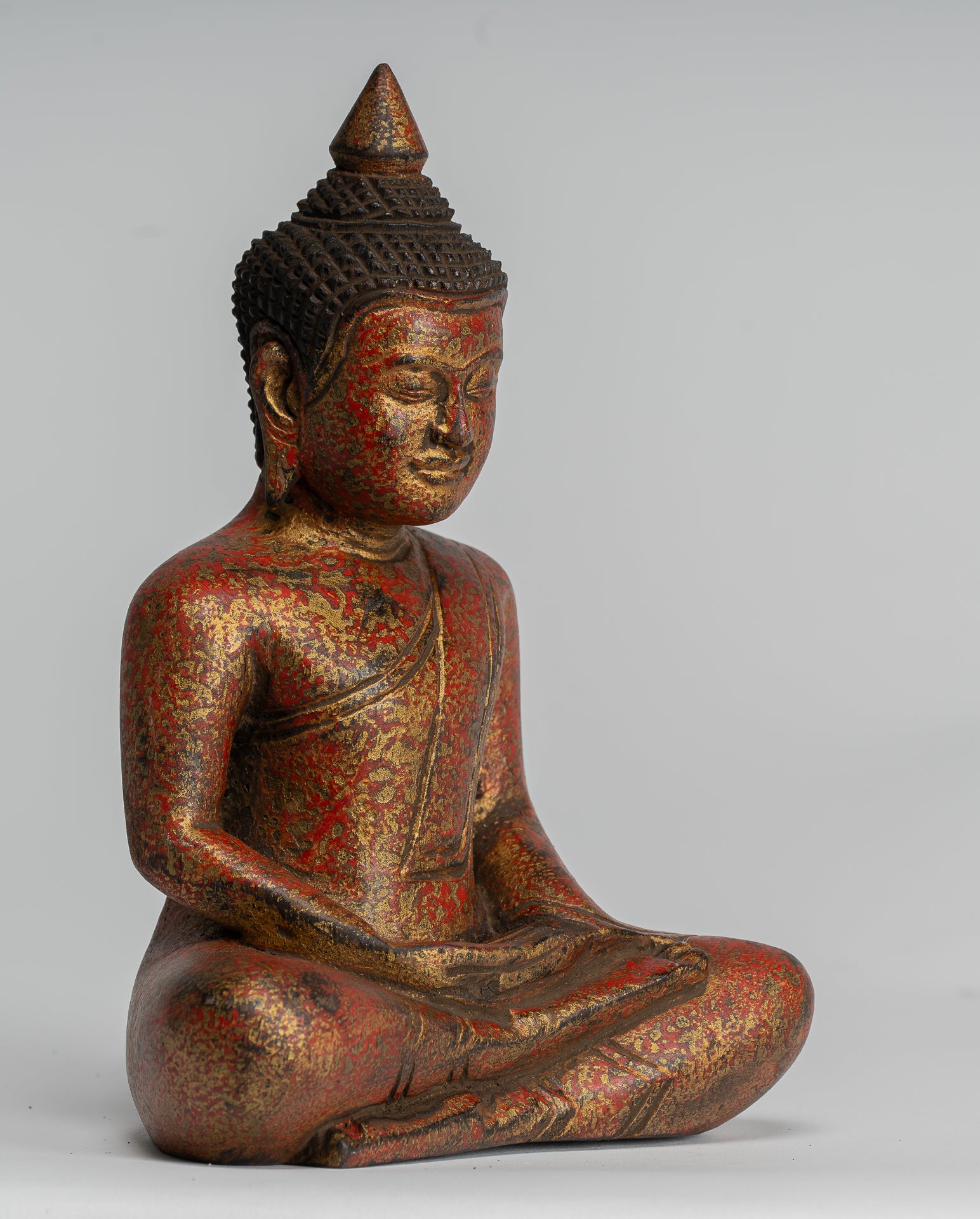 Buddha Sculpture - Antique Khmer Style Wood Seated Buddha Statue Dhyana Meditation Mudra - 21cm/8"