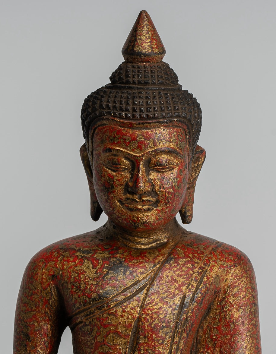 Buddha Sculpture - Antique Khmer Style Wood Seated Buddha Statue Dhyana Meditation Mudra - 21cm/8"