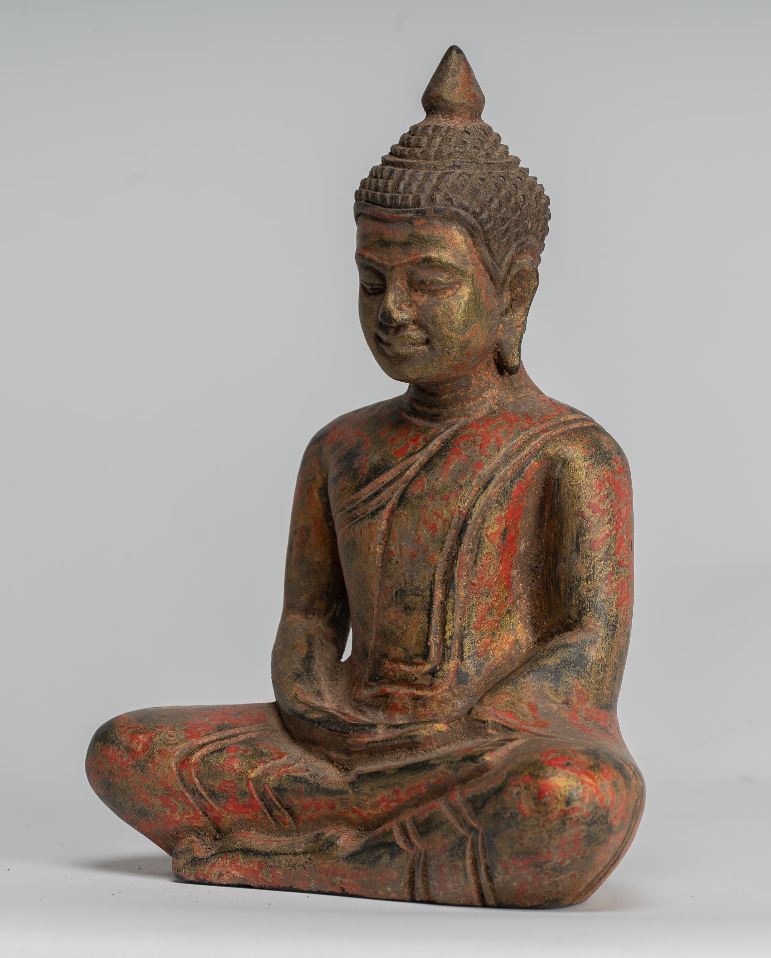 Buddha Sculpture - Antique Khmer Style Wood Seated Buddha Statue Dhyana Meditation Mudra - 20cm/8"