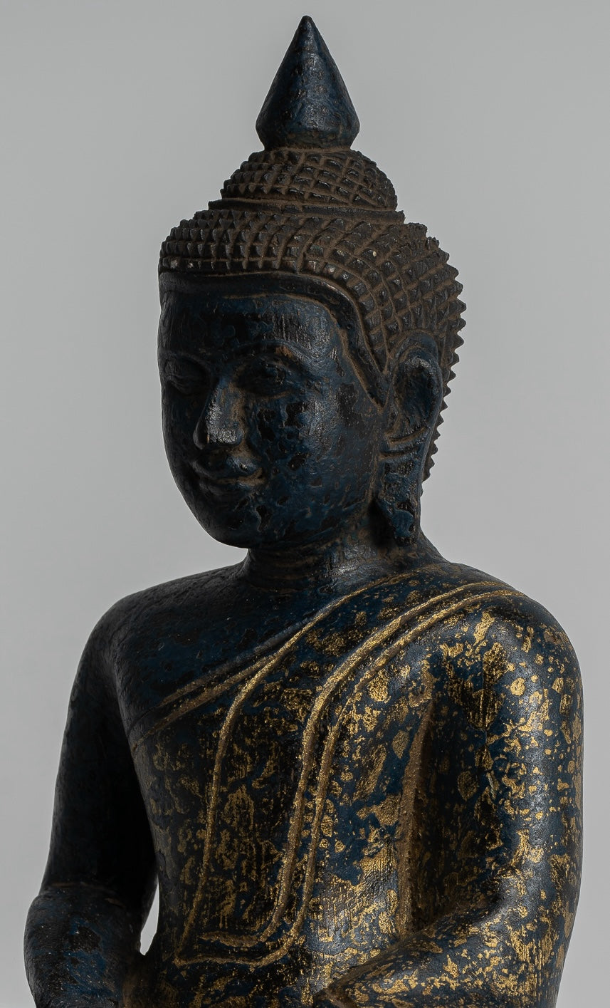 Buddha Sculpture - Antique Khmer Style Wood Seated Buddha Statue Dhyana Meditation Mudra - 20cm/8"