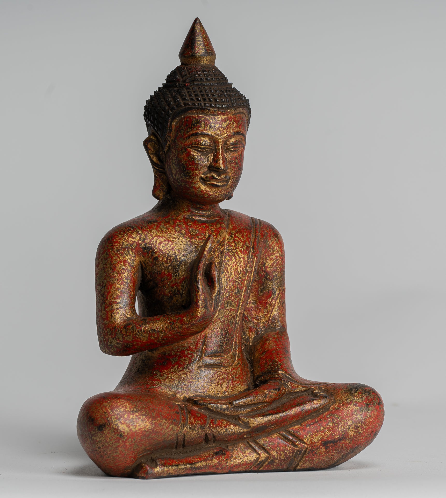Buddha Statue - Antique Khmer Style Cambodia Seated Wood Buddha Statue Teaching Mudra - 21cm/8"