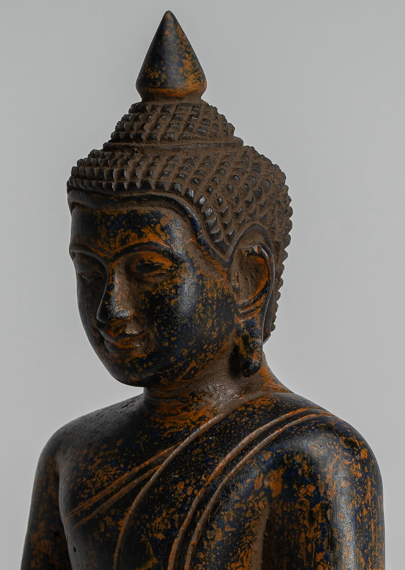 Buddha Sculpture - Antique Khmer Style Wood Seated Buddha Statue Dhyana Meditation Mudra - 20cm/8"