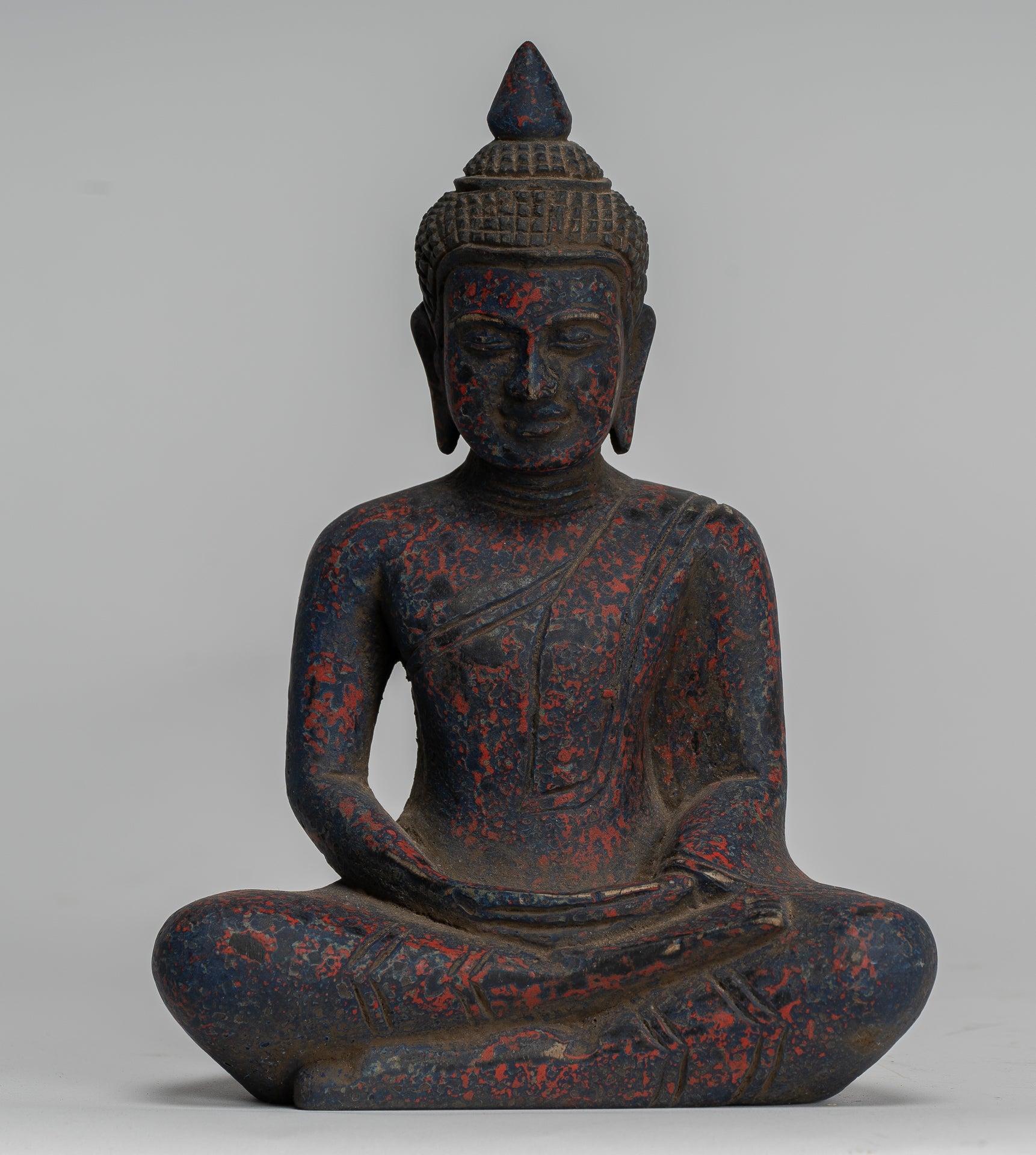 Buddha Sculpture - Antique Khmer Style Wood Seated Buddha Statue Dhyana Meditation Mudra - 20cm/8"