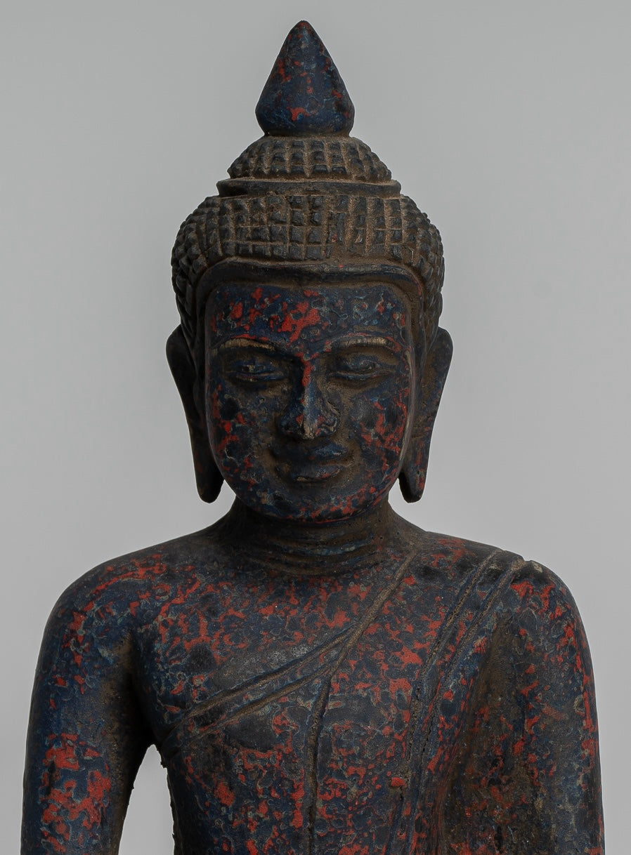 Buddha Sculpture - Antique Khmer Style Wood Seated Buddha Statue Dhyana Meditation Mudra - 20cm/8"