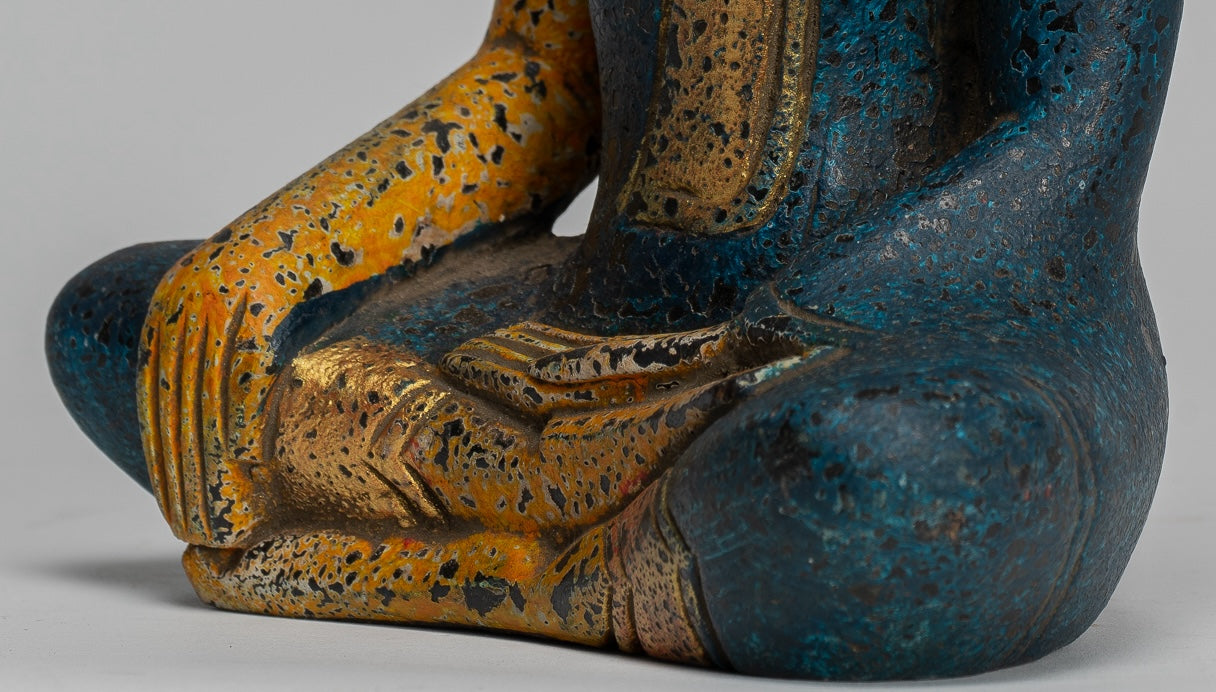 Buddha Statue - Antique Khmer Style SE Asia Seated Wood Enlightenment Buddha Statue - 19cm/8"