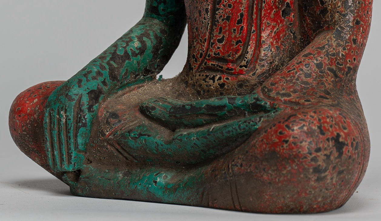 Buddha Statue - Antique Khmer Style SE Asia Seated Wood Enlightenment Buddha Statue - 19cm/8"