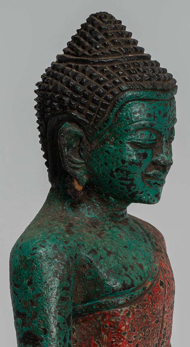 Buddha Statue - Antique Khmer Style SE Asia Seated Wood Enlightenment Buddha Statue - 19cm/8"