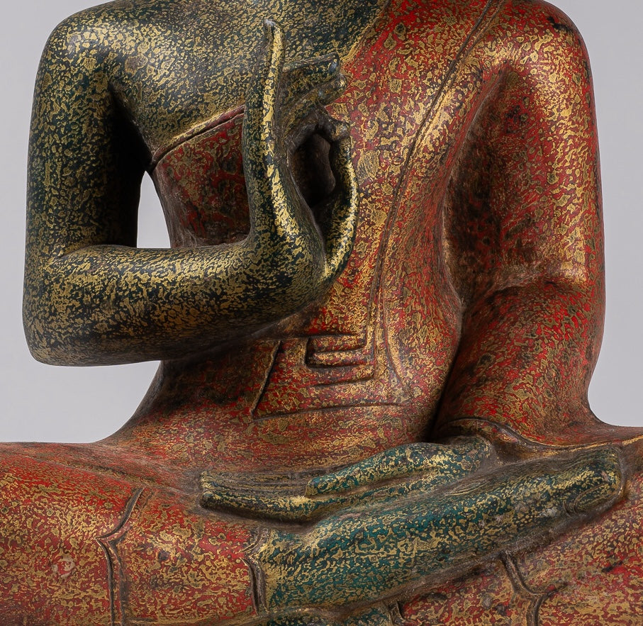 Buddha Statue - Antique Khmer Style Cambodia Seated Wood Buddha Statue Teaching Mudra - 71cm/28"