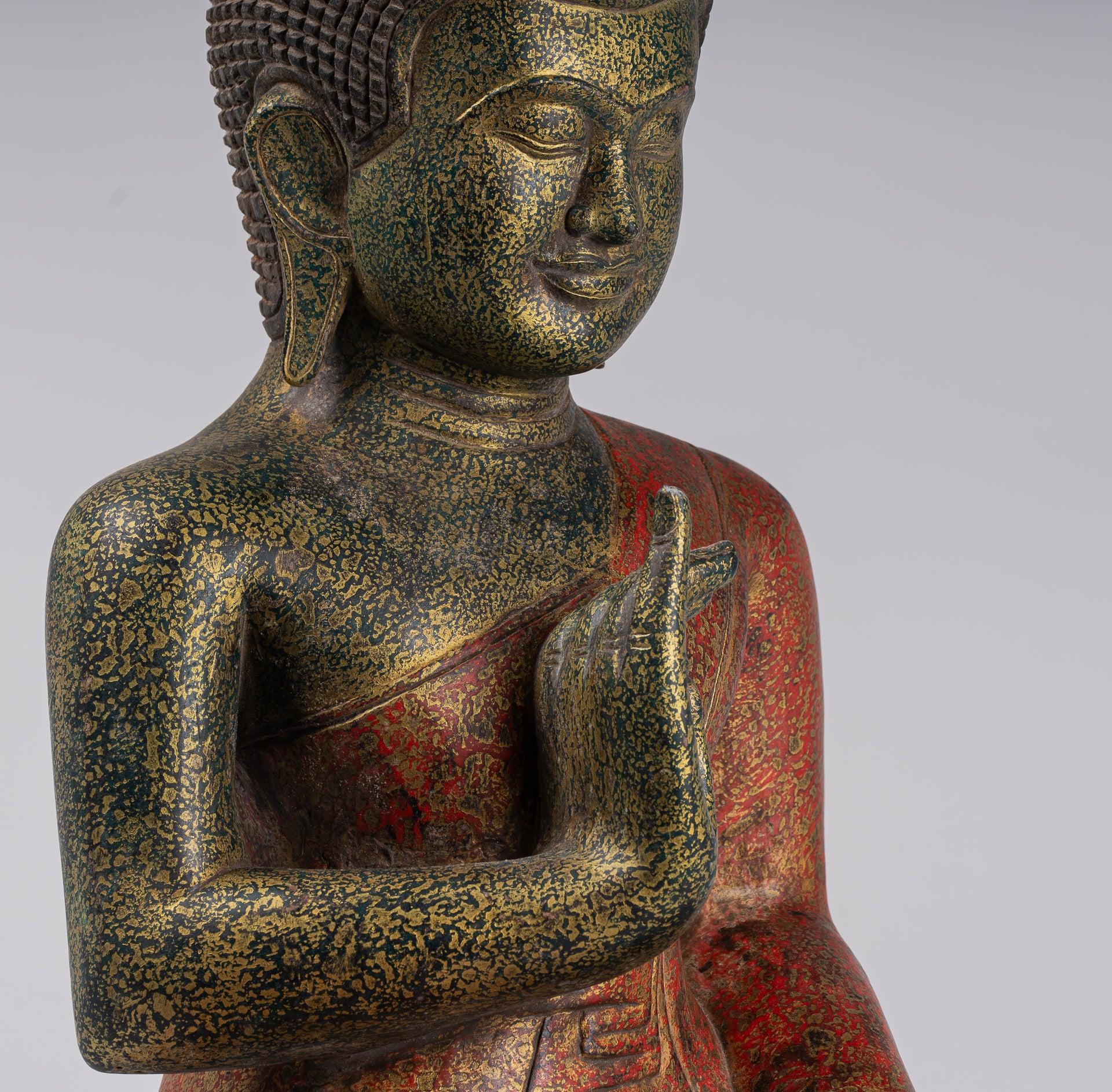 Buddha Statue - Antique Khmer Style Cambodia Seated Wood Buddha Statue Teaching Mudra - 71cm/28"