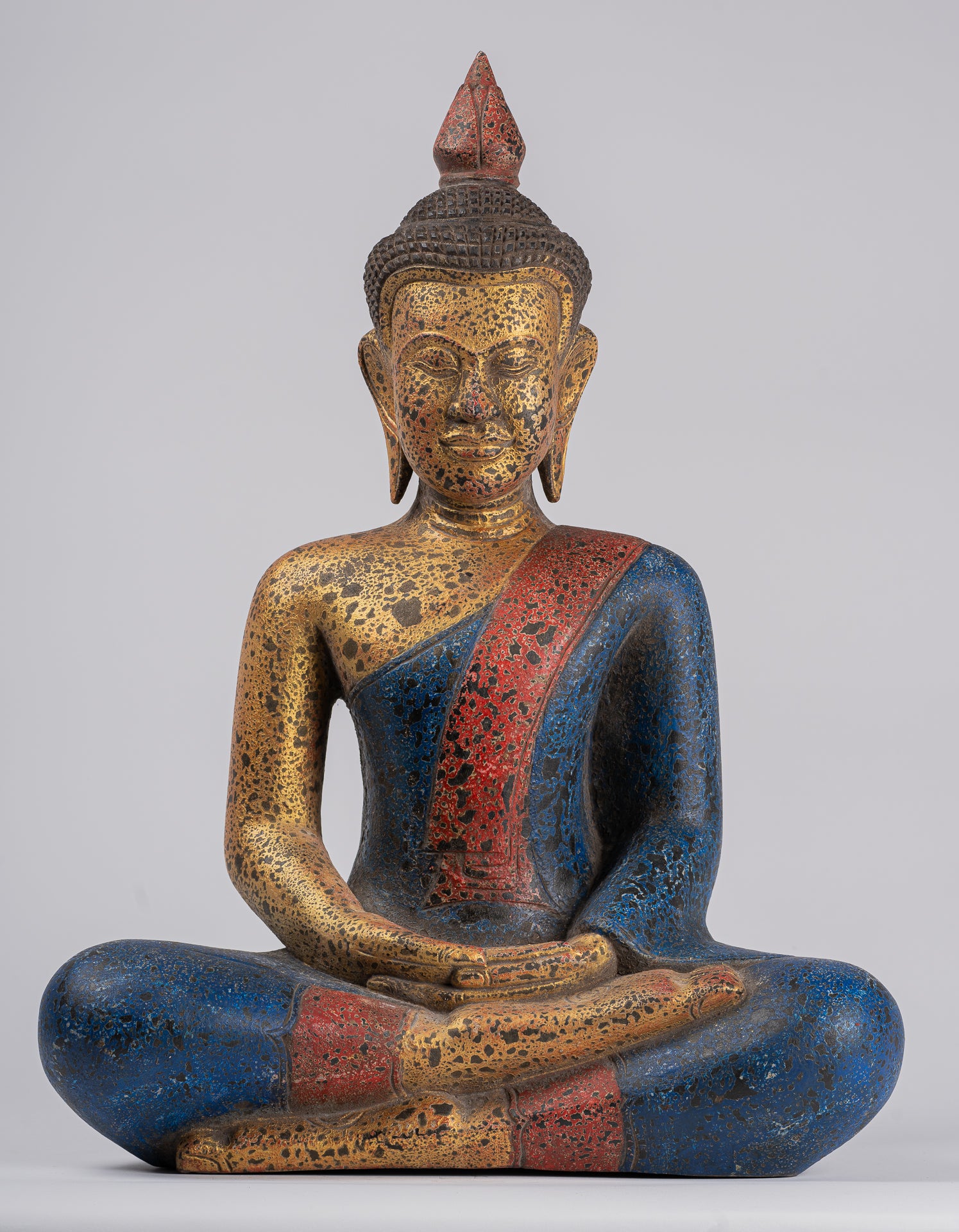 Buddha Sculpture - Antique Khmer Style Wood Seated Buddha Statue Dhyana Meditation Mudra - 55cm/21"