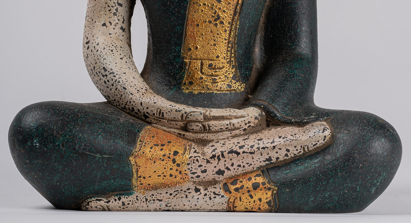 Buddha Sculpture - Antique Khmer Style Wood Seated Buddha Statue Dhyana Meditation Mudra - 40cm/16"