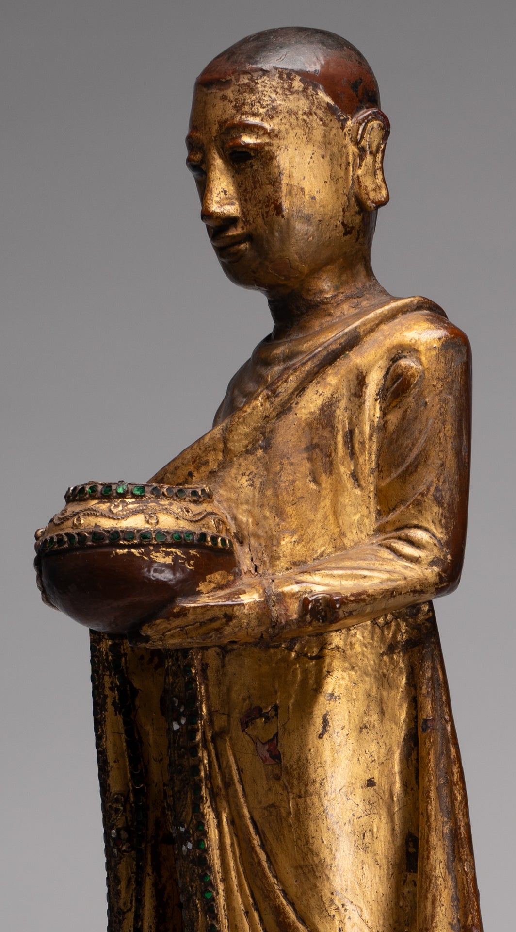 Statue de moine Mandalay en bois de style birman antique - 90 cm / 36 "