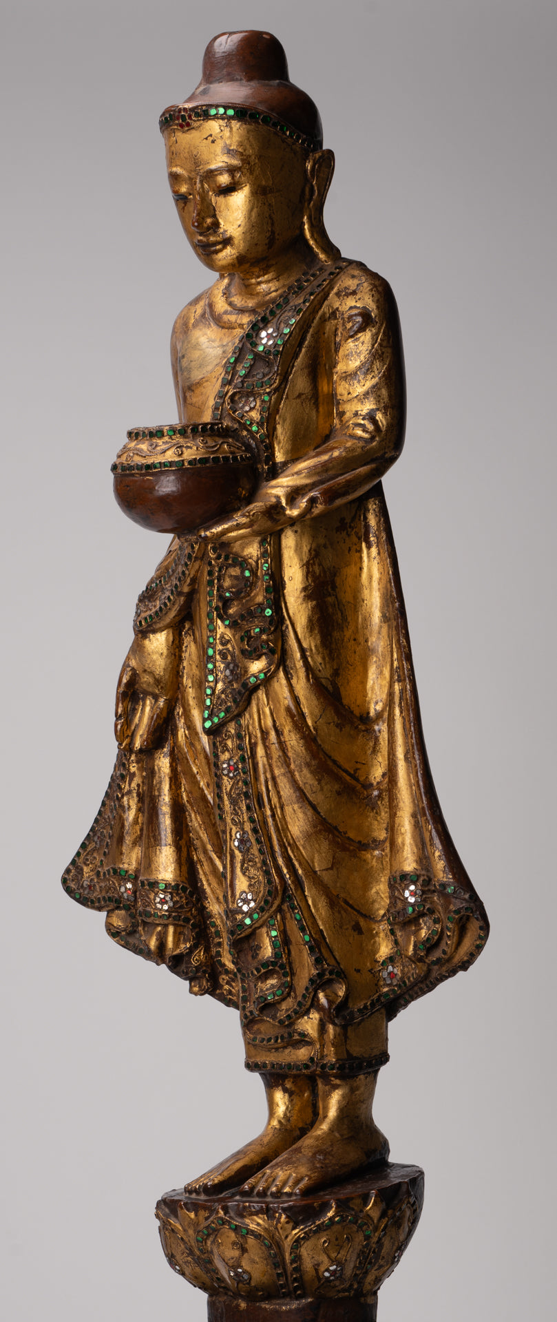 Antique Burmese Style Standing Wood Mandalay Buddha Statue - 101cm/40"