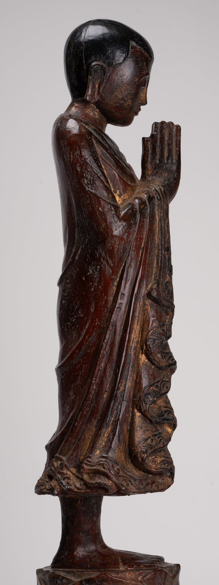 Antique Burmese Style Standing Wood Adoration Mandalay Monk Statue - 76cm/30"