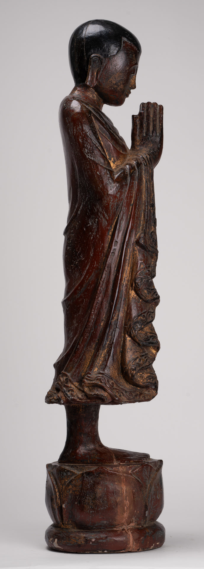Antique Burmese Style Standing Wood Adoration Mandalay Monk Statue - 76cm/30"