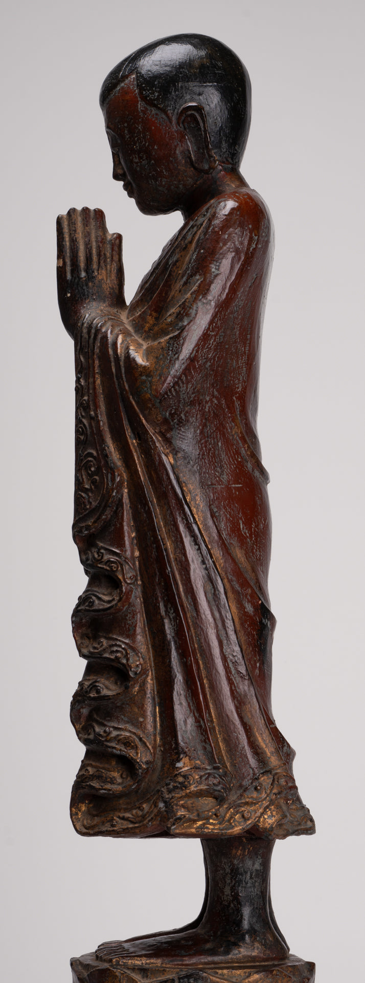 Antique Burmese Style Standing Wood Adoration Mandalay Monk Statue - 76cm/30"