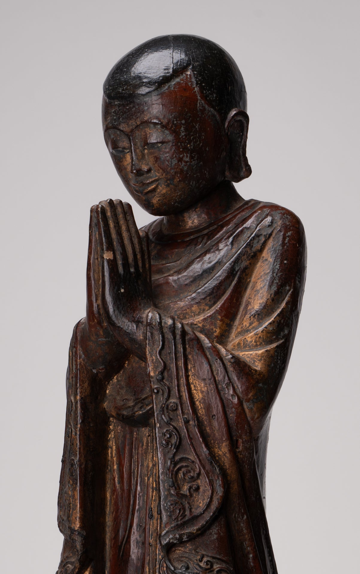 Antique Burmese Style Standing Wood Adoration Mandalay Monk Statue - 76cm/30"