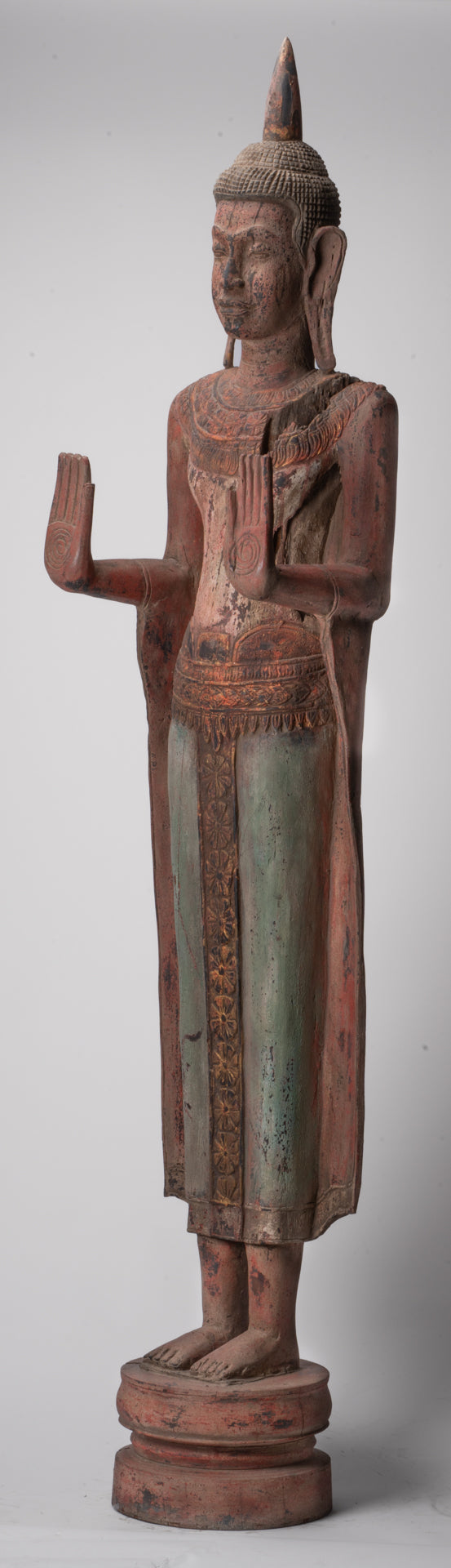 Large Buddha Statue - Antique Khmer Style Wood Standing Protection Monday Buddha Statue - 174cm/70"