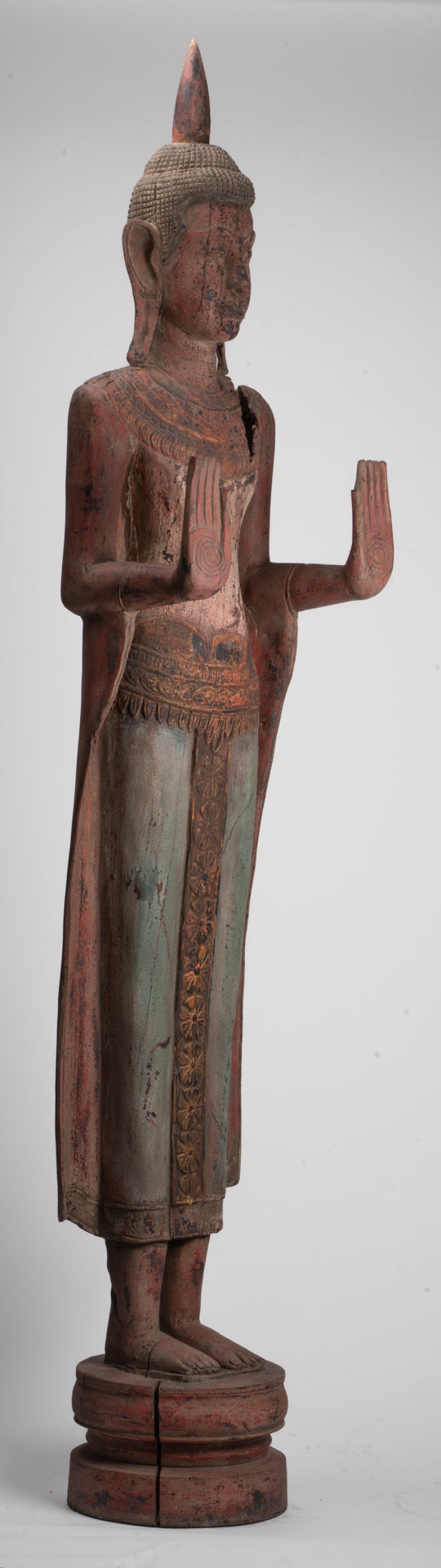 Large Buddha Statue - Antique Khmer Style Wood Standing Protection Monday Buddha Statue - 174cm/70"