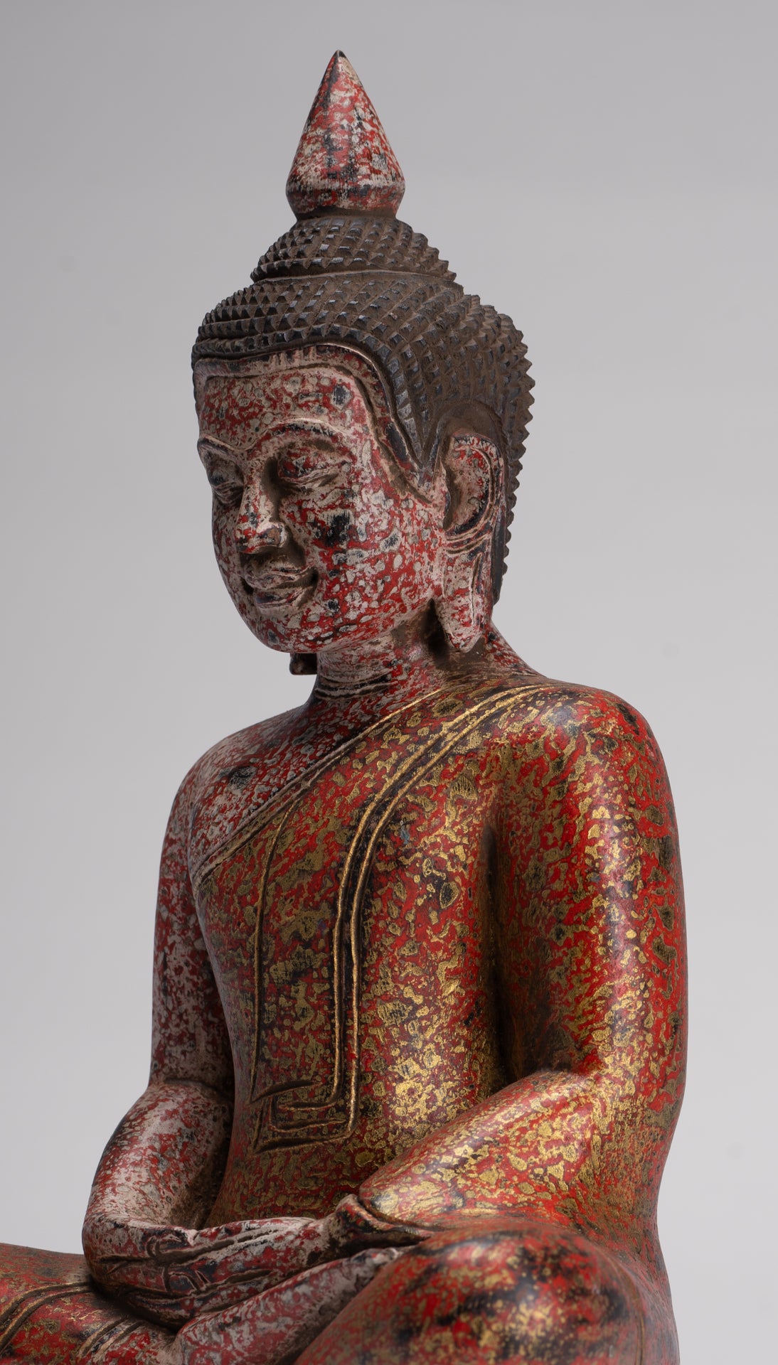 Buddha Sculpture - Antique Khmer Style Wood Seated Buddha Statue Dhyana Meditation Mudra - 33cm/13"