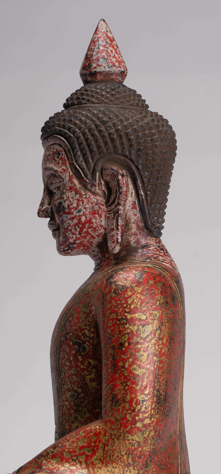 Buddha Sculpture - Antique Khmer Style Wood Seated Buddha Statue Dhyana Meditation Mudra - 33cm/13"