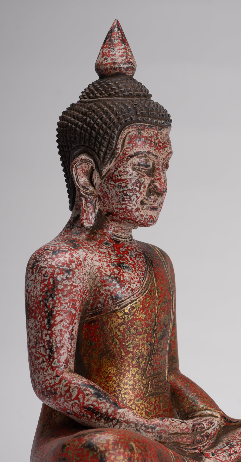 Buddha Sculpture - Antique Khmer Style Wood Seated Buddha Statue Dhyana Meditation Mudra - 33cm/13"