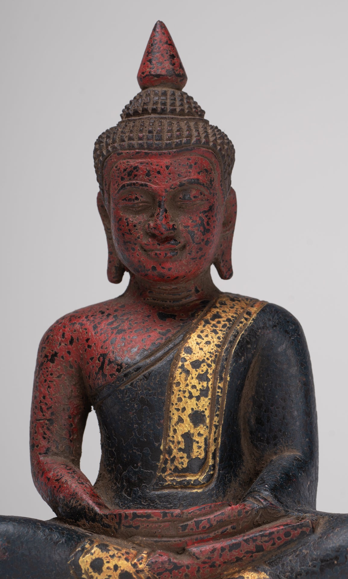 Buddha Sculpture - Antique Khmer Style Wood Seated Buddha Statue Dhyana Meditation Mudra - 21cm/8"