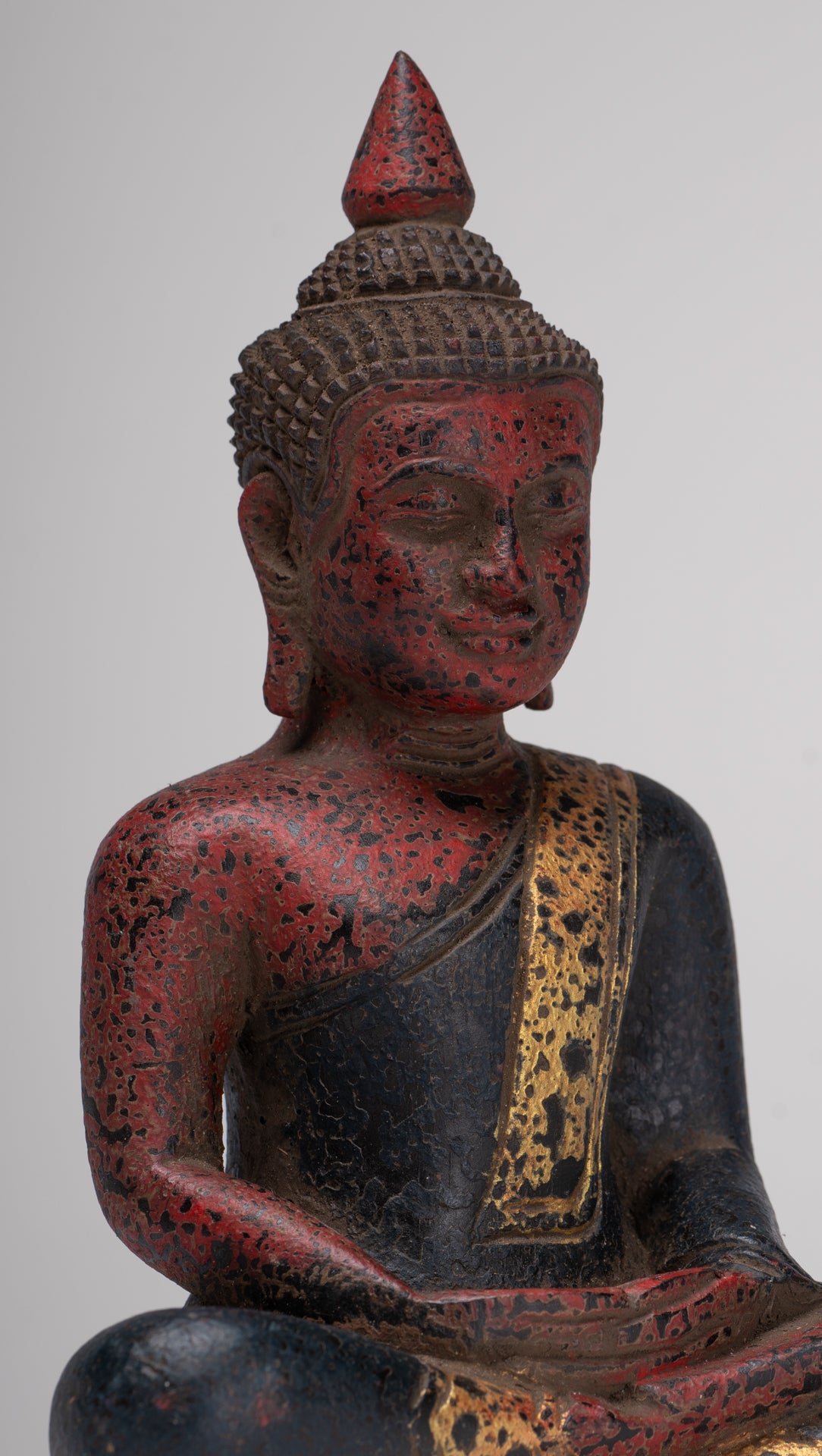 Buddha Sculpture - Antique Khmer Style Wood Seated Buddha Statue Dhyana Meditation Mudra - 21cm/8"