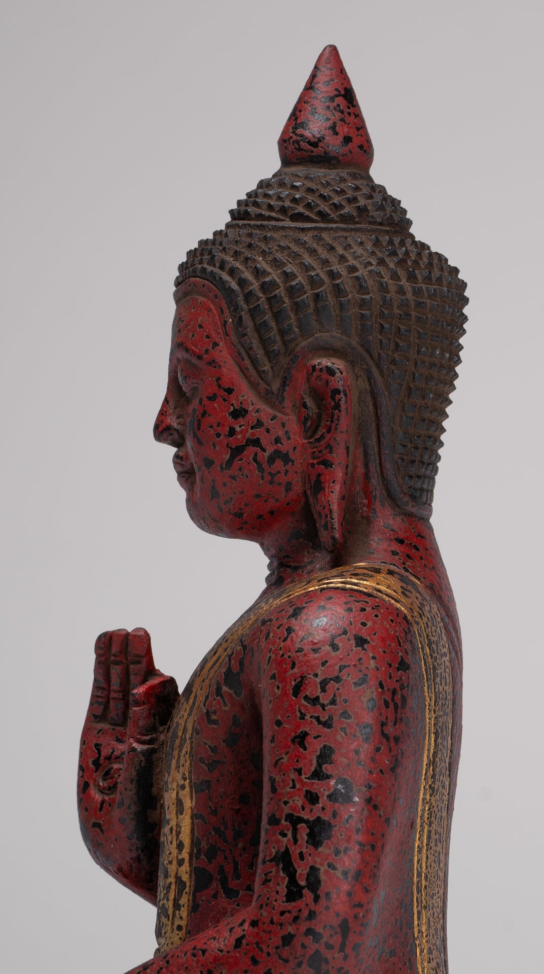 Buddha Statue - Antique Khmer Style Cambodia Seated Wood Buddha Statue Teaching Mudra - 27cm/11"