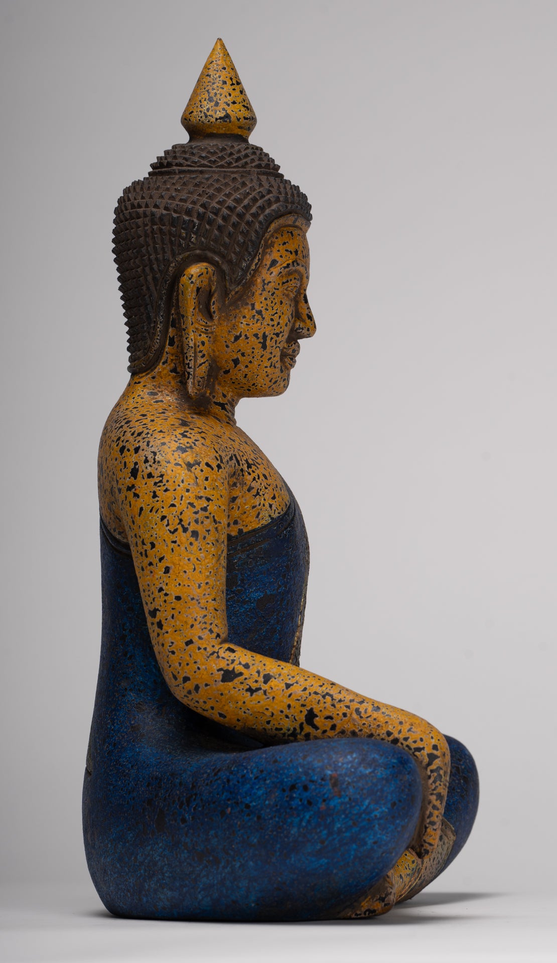 Buddha Statue - Antique Khmer Style SE Asia Seated Wood Enlightenment Buddha Statue - 33cm/13"