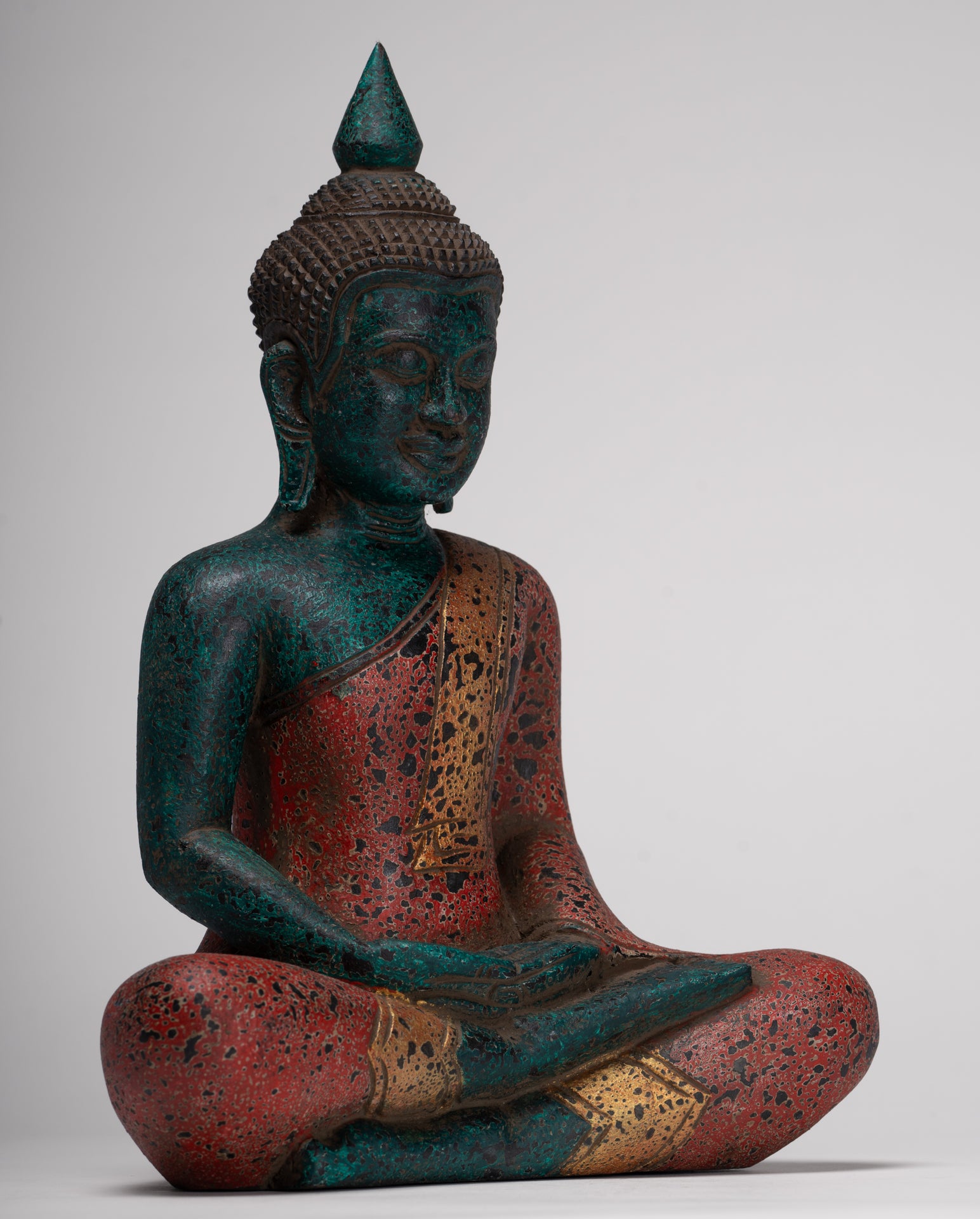Buddha Sculpture - Antique Khmer Style Wood Seated Buddha Statue Dhyana Meditation Mudra - 33cm/13"
