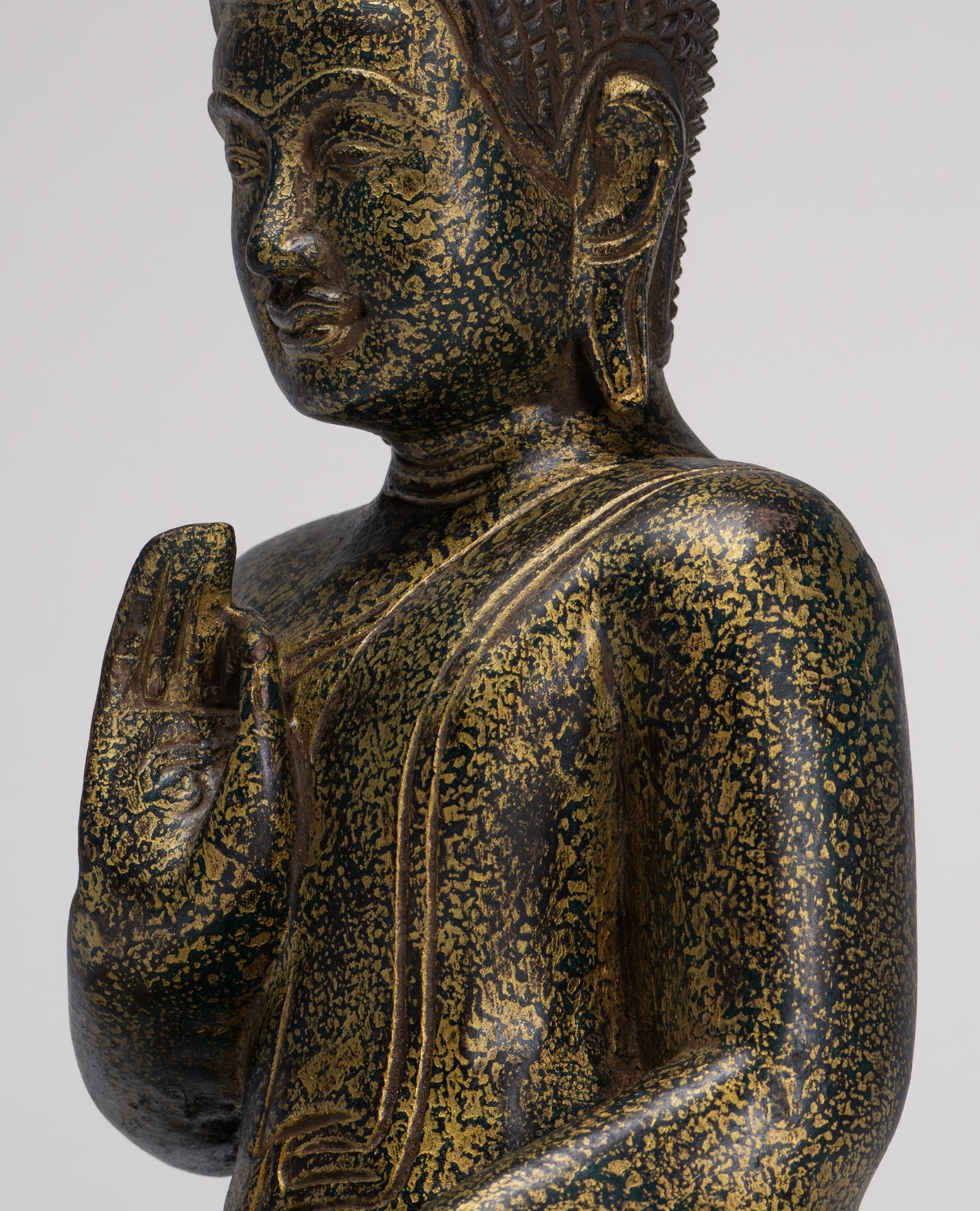 Buddha Statue - Antique Khmer Style Cambodia Seated Wood Buddha Statue Teaching Mudra - 32cm/13"