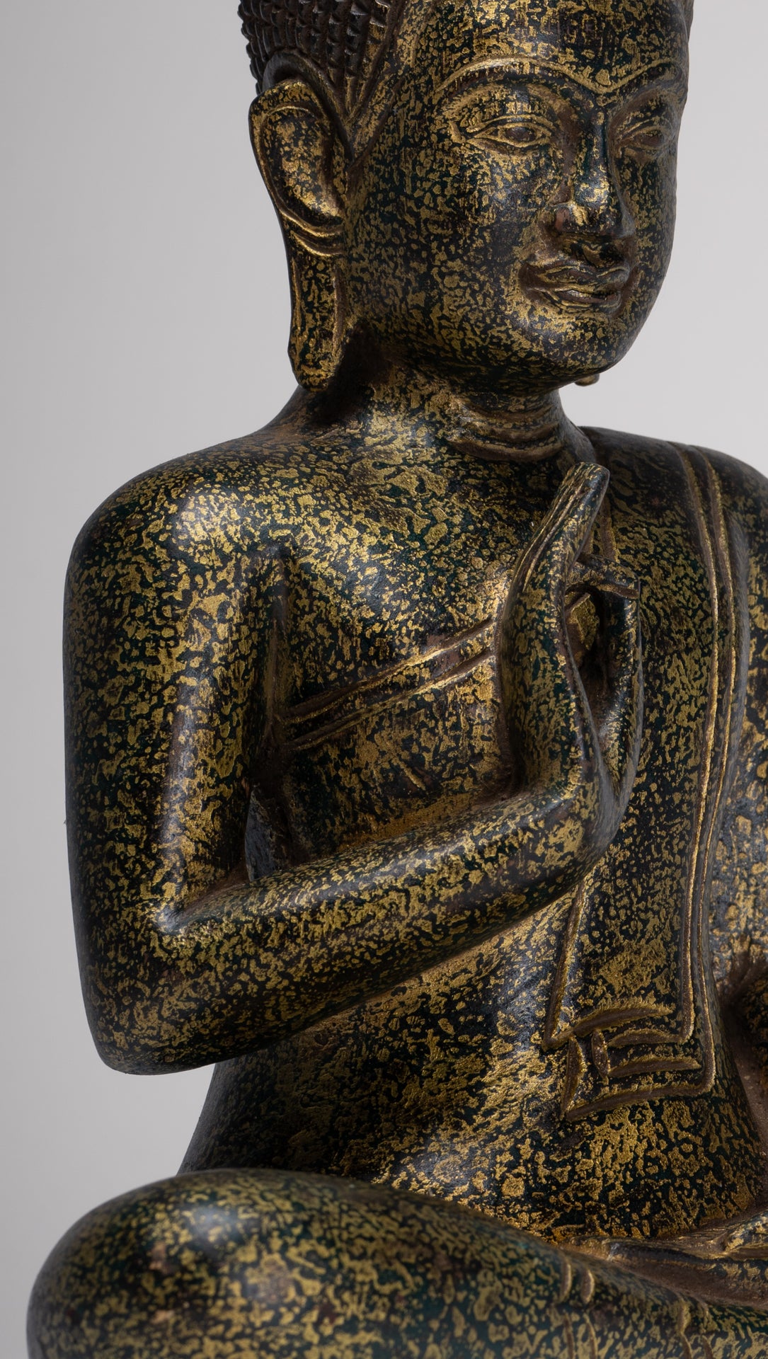 Buddha Statue - Antique Khmer Style Cambodia Seated Wood Buddha Statue Teaching Mudra - 32cm/13"