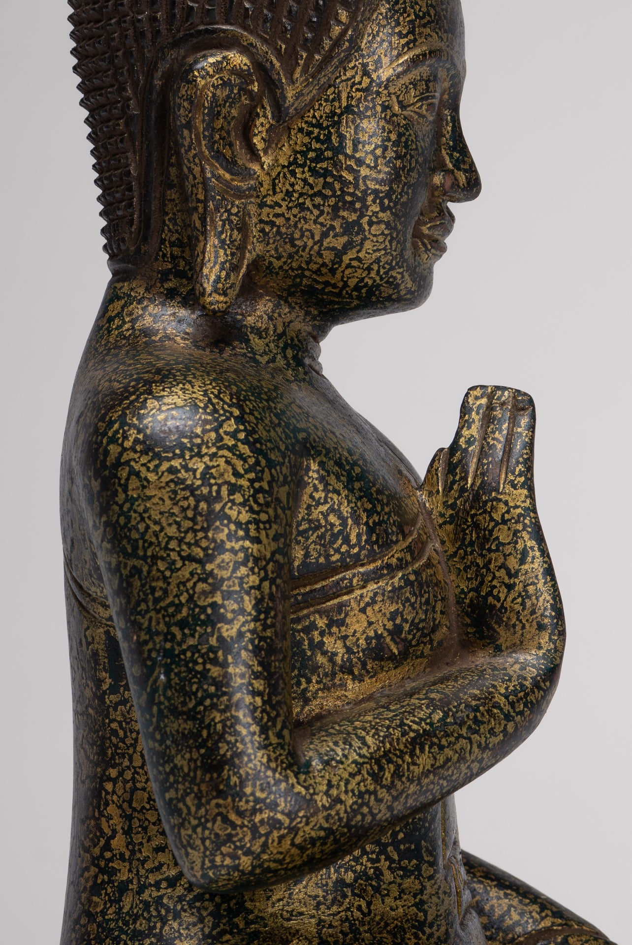 Buddha Statue - Antique Khmer Style Cambodia Seated Wood Buddha Statue Teaching Mudra - 32cm/13"