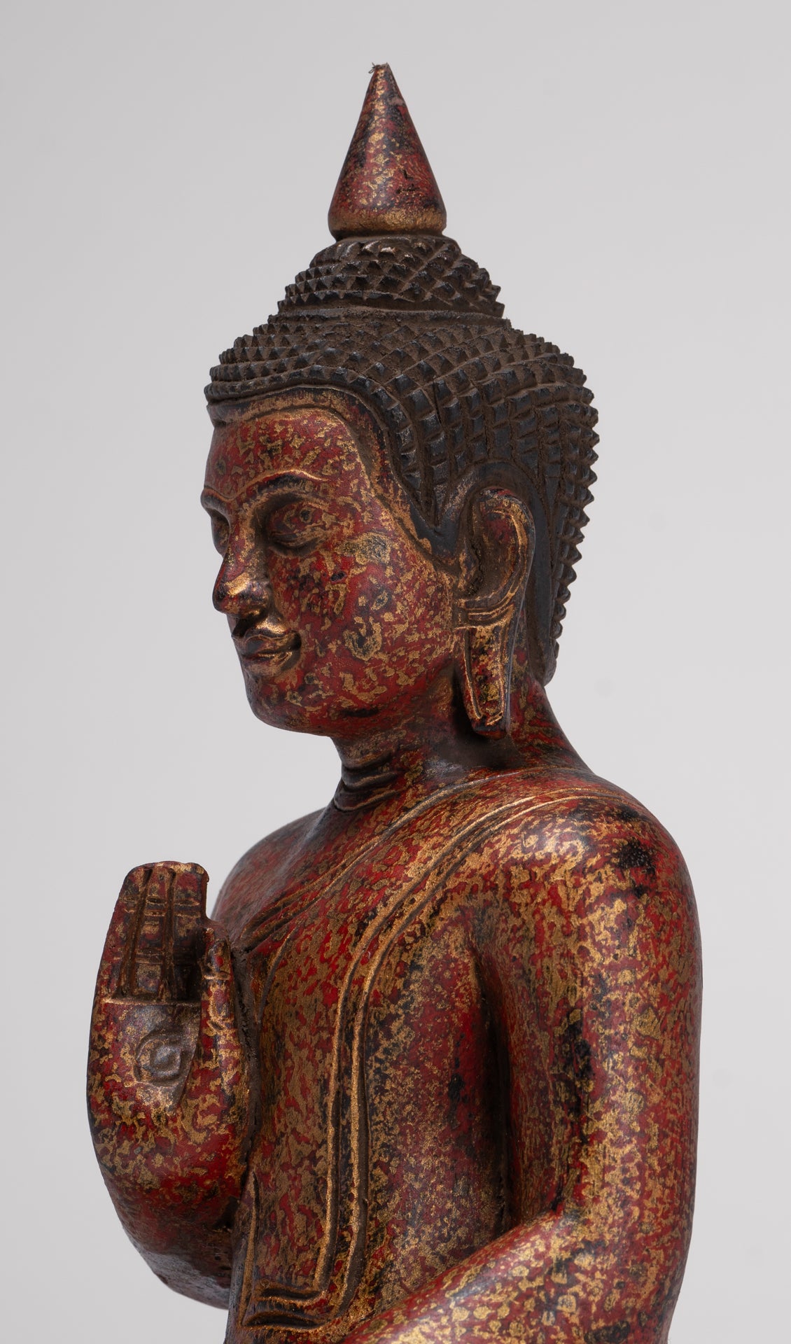 Buddha Statue - Antique Khmer Style Cambodia Seated Wood Buddha Statue Teaching Mudra - 27cm/11"